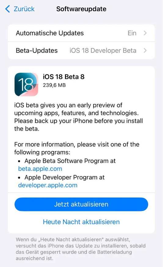 陇西苹果手机维修分享苹果 iOS / iPadOS 18 开发者预览版 Beta 8 发布 